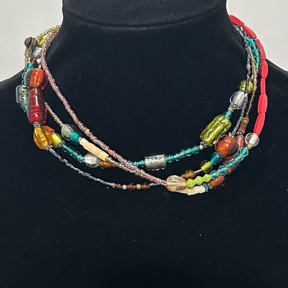 Handmade Glass Mixed Beaded Necklace Women's Adjustable Multicolor 4 Strand - Picture 1 of 7